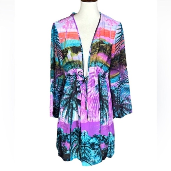 Bleu Rod Beattie colorful tropical print caftan swimsuit coverup Size Large - Picture 1 of 12